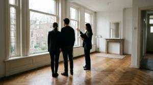 Stel bezichtigt een woning in Utrecht samen met hun aankoopmakelaar