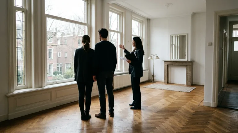 Stel bezichtigt een woning in Utrecht samen met hun aankoopmakelaar