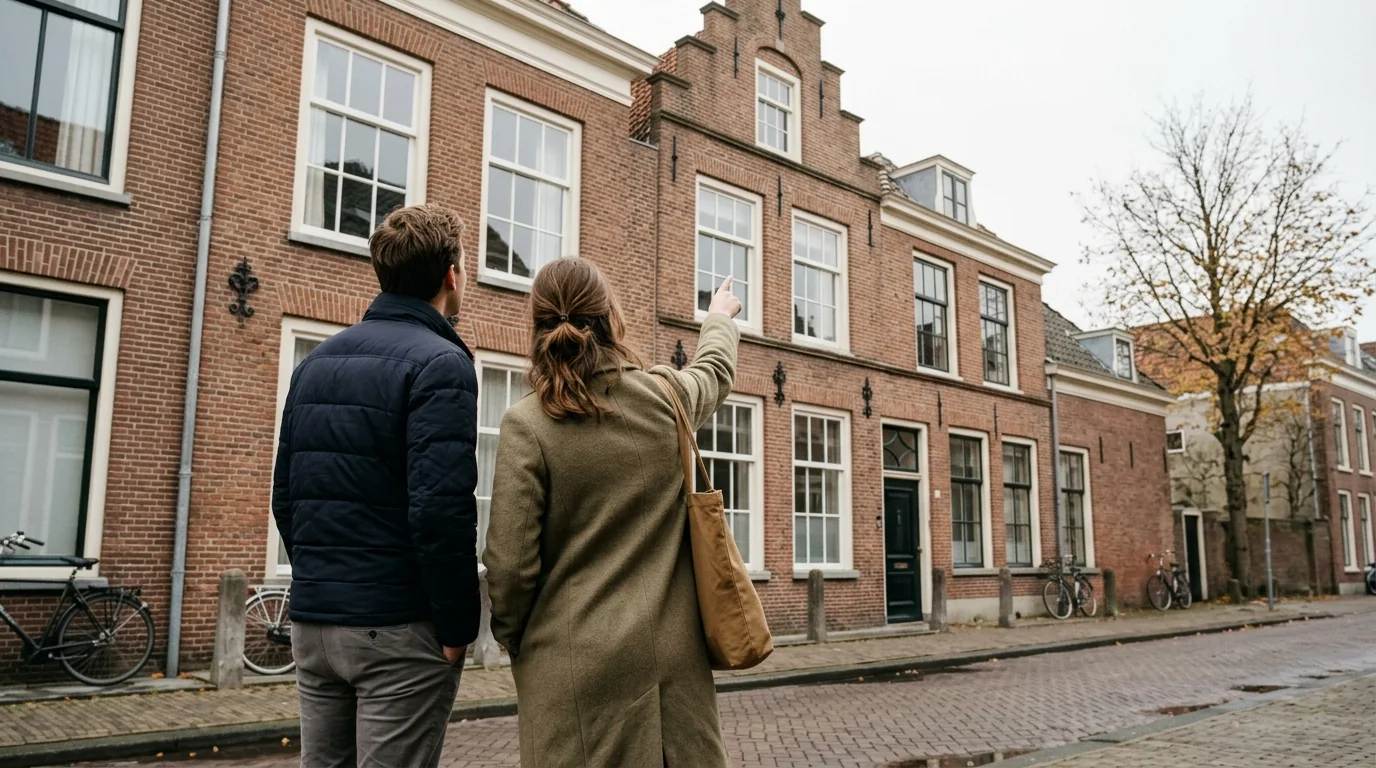 Stel bekijkt de gevel van een woning in Utrecht