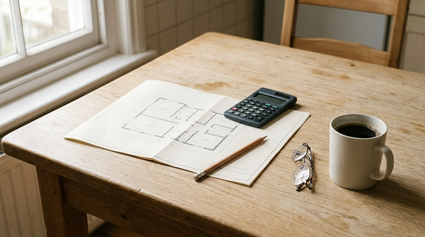 Plattegrond, rekenmachine en pen op tafel om een bod te berekenen